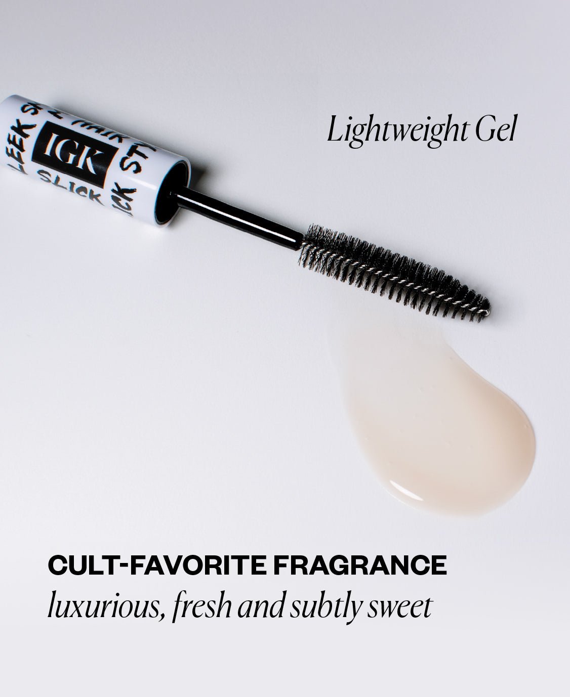 Taming wand with gel on white background and text about cult-favorite fragrance on a white background