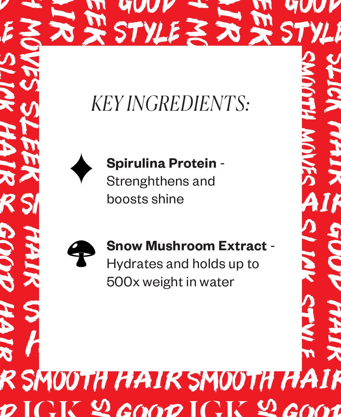 IGK XL taming wand key ingredients on a red background with text.