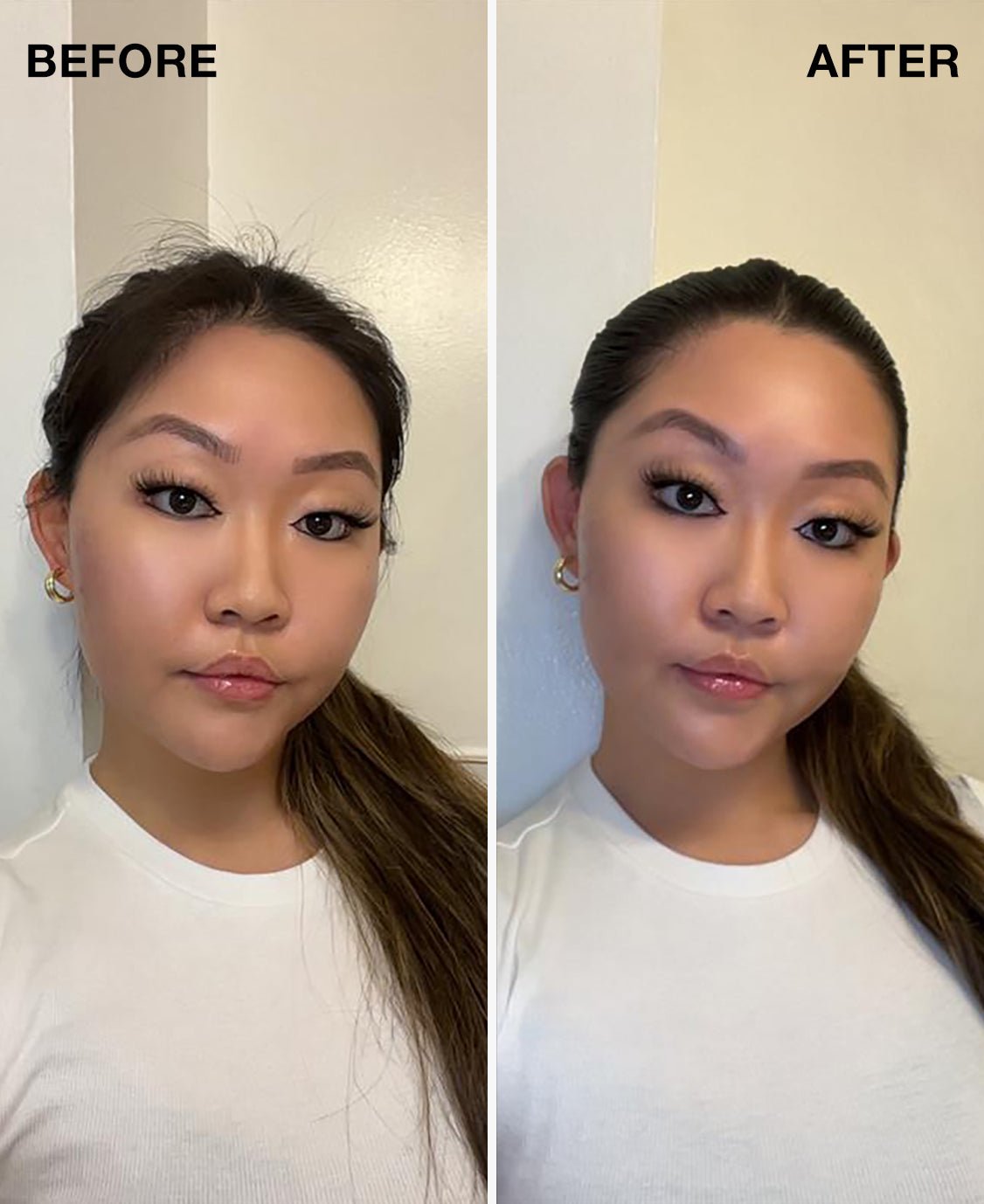 Before and after comparison of a person who used a taming wand with a plain background