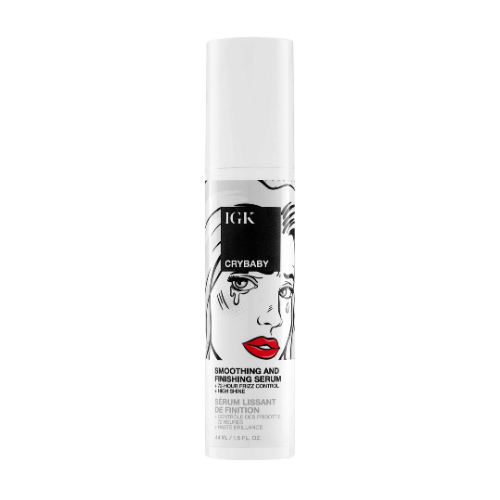 IGK Crybaby Smoothing and Finishing Serum bottle with illustrated face design.