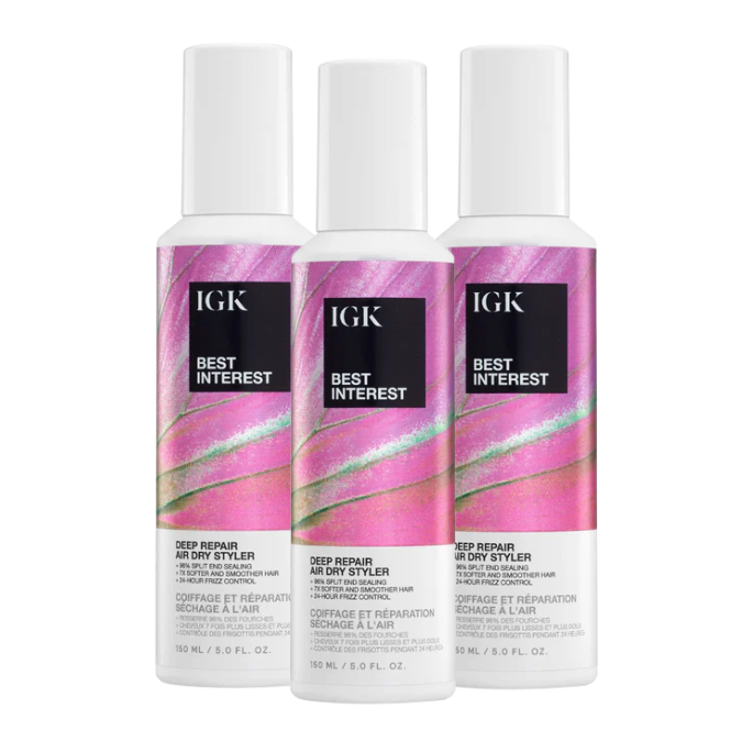 Three bottles of IGK Best Interest Deep Repair Air Dry Styler.