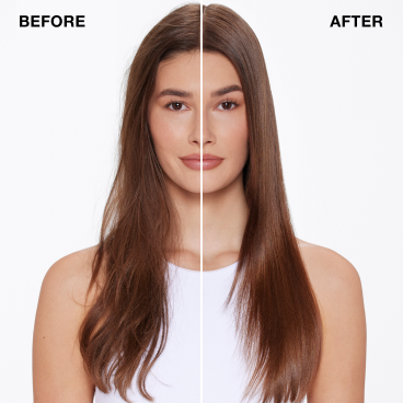 Before and after photo showing a woman's hair transformation with improved smoothness and shine.
