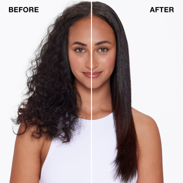 Woman with half curly and half straight hair for a 'before and after' comparison.