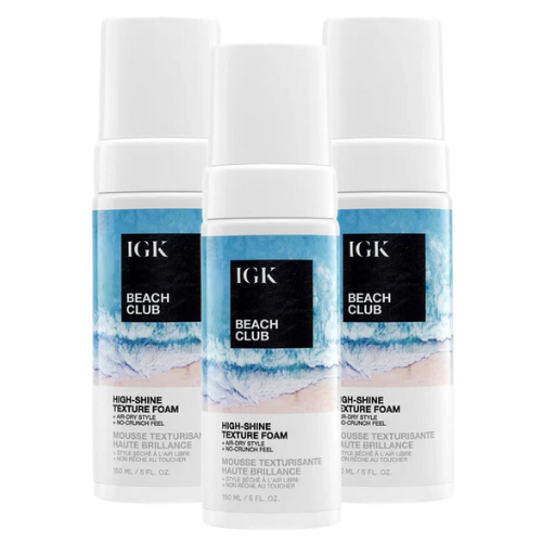 IGK Beach Club texture foam bottles with beach-themed labels.