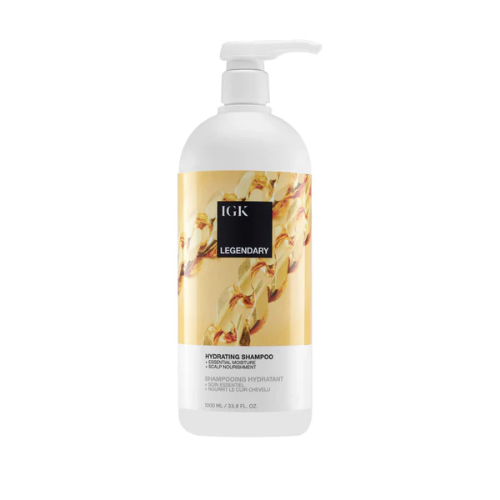 Bottle of IGK Legendary Hydrating Shampoo with gold accents on the label.